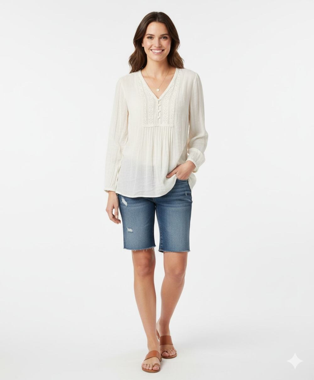 Lucky Brand Ivory Embroidered Pintuck Blouse